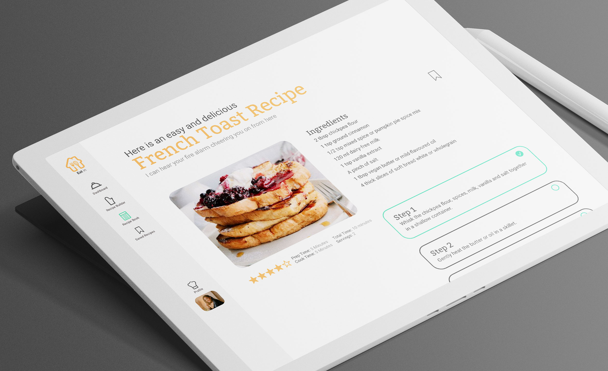 Tablet mockup showing what the french toast recipe would look like when clicked on