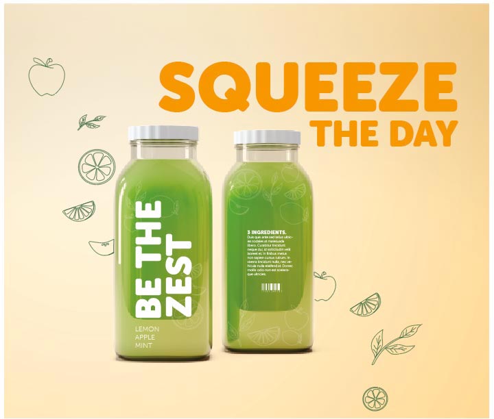 Juice advertisement for a green pressed juice called Be The Zest