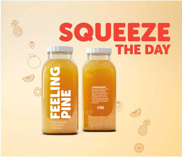 Juice advertisement for a yellow pressed juice called Feeling Pine