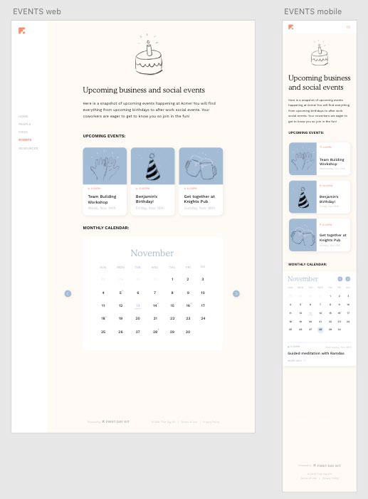 Final version of the wireframes showing the events page for the First Day Kit
