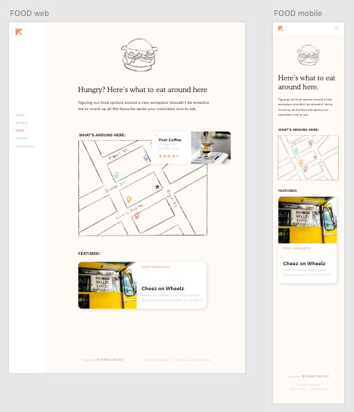 Final version of the wireframes showing the food page for the First Day Kit
