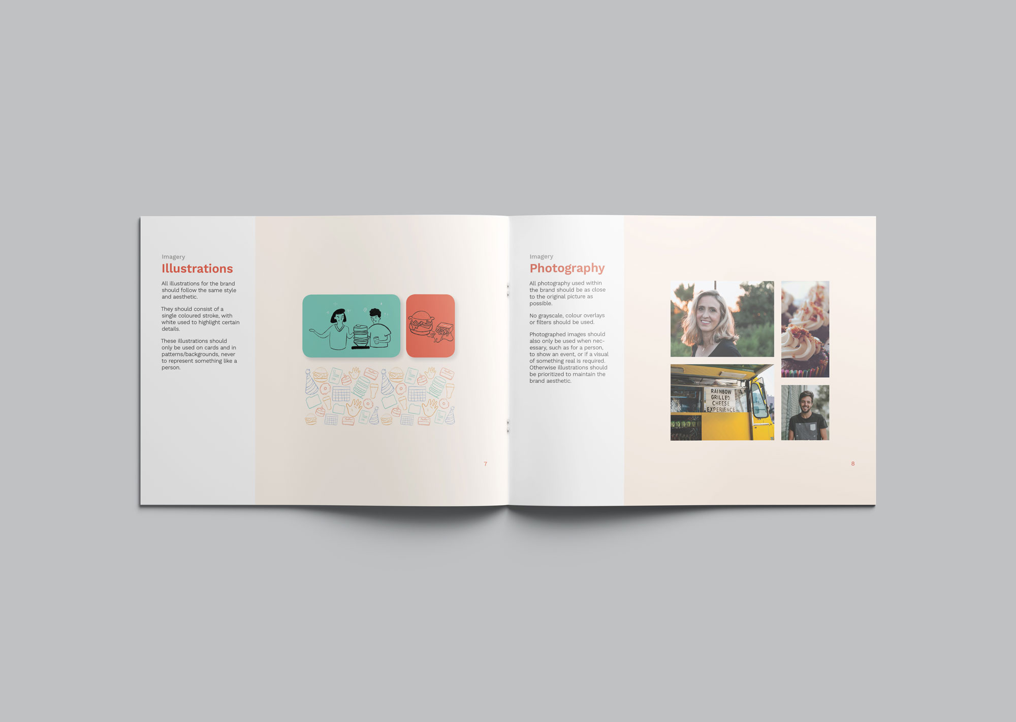 Inside page showing the illustrations and photography of the branding guidelines