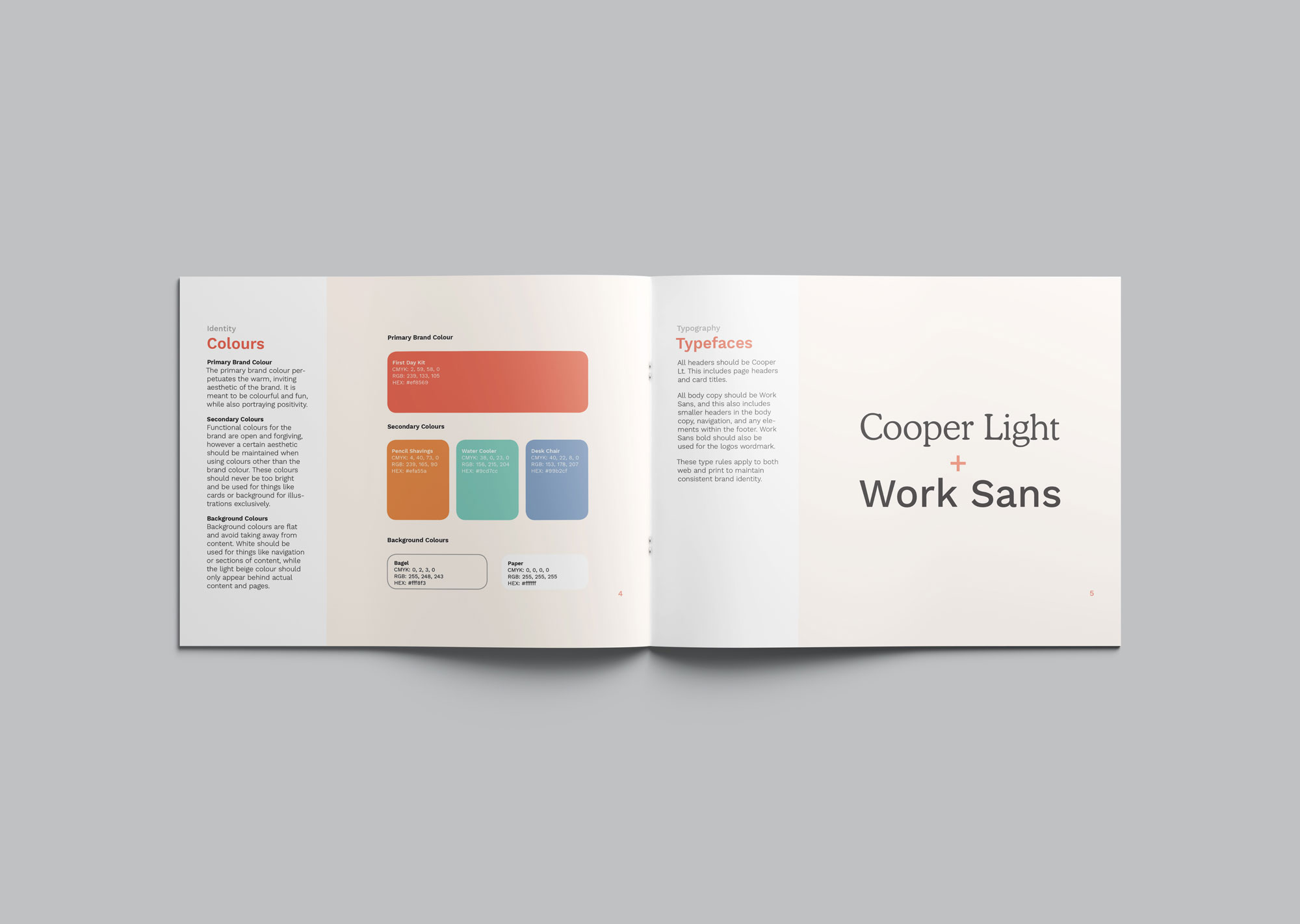 Inside page showing the colour palette and typefaces of the branding guidelines