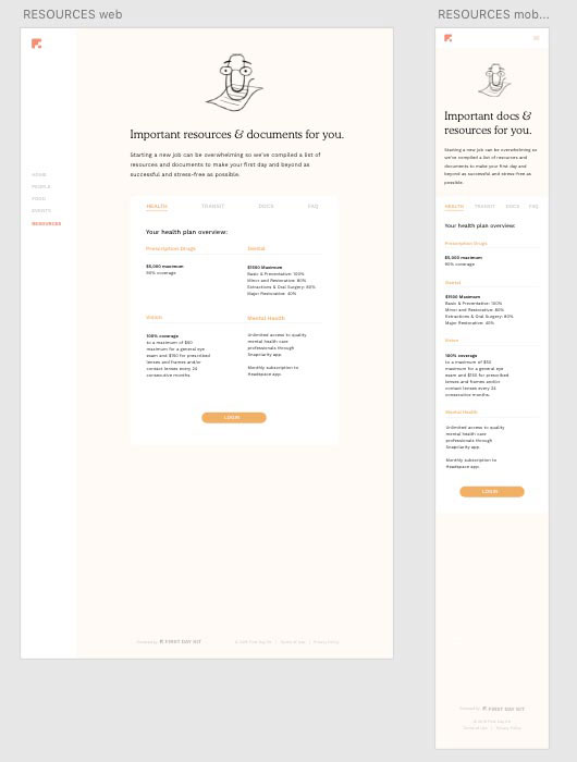 Final version of the wireframes showing the resources page for the First Day Kit