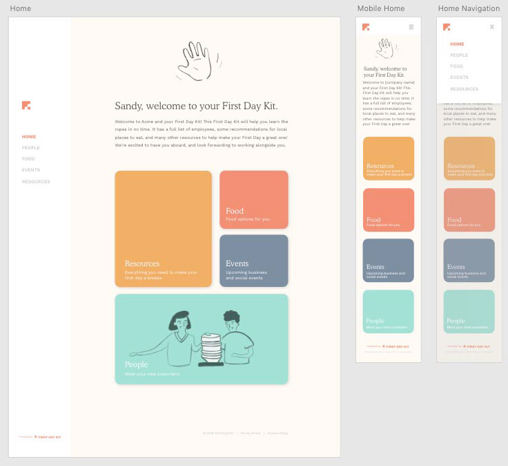 Second version of the wireframes for the First Day Kit